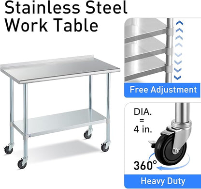 Stainless Steel Table for Prep & Work with Caster & Backsplash 24x36 Inches, NSF Metal Commercial Kitchen Heavy Duty Table with Adjustable Under Shelf and Table Foot for Restaurant, Home and Hotel