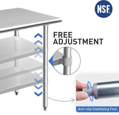 ROCKPOINT Stainless Steel Table for Prep & Work 14x30 Inches, NSF Metal Commercial Kitchen Heavy Duty Table with Adjustable Under Shelf and Table Foot for Restaurant, Home and Hotel