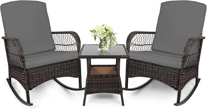 3 pcs Rocking Bistro Set Conversation Chairs PE Wicker Outdoor Rocking Chairs & by Enjoyyourlife