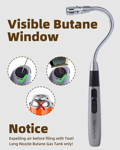 Butane Lighter Long Jet Flame Lighter, Refillable Torch, 360° Flexible Neck, Windproof Jet Flame, Visual Fuel Window, for Fireplace Kitchen Grill BBQ Camping Candle(No Butane Included)