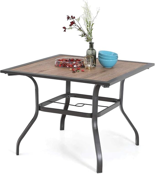 MFSTUDIO 37" Square Backyard Bistro Table Patio Dining Table Outdoor Furniture Garden Table, Imitation of Wooden Surface Top, 1.57” Umbrella Hole, Gray Frame