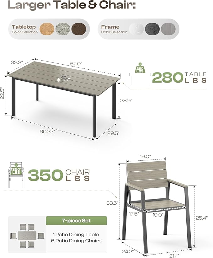 Patio Table and Chairs Set, 7 Piece Outdoor Dining Set with Umbrella Hole, HDPS + Aluminum Patio Furniture Set for Garden (Gray)