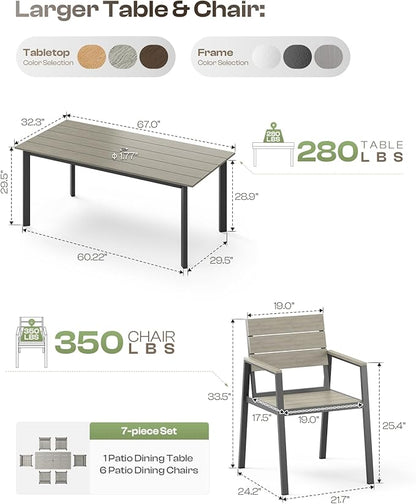 Patio Table and Chairs Set, 7 Piece Outdoor Dining Set with Umbrella Hole, HDPS + Aluminum Patio Furniture Set for Garden (Gray)