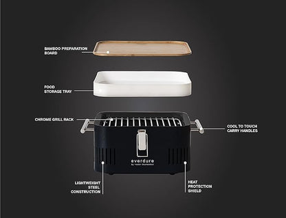 Everdure CUBE Portable Charcoal Grill, Tabletop BBQ, Perfect Tailgate, Beach, Patio, or Camping Grill, Lightweight & Compact Small Grill with Preparation Board & Food Storage Tray, Matte Black