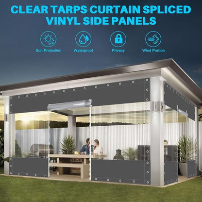Clear Vinyl Curtains with Zippered Entry, 23oz Heavy Duty Waterproof Anti-UV and Tear-Resistant Tarpaulin with Grommets, Weatherproof Panels for Porch, Pergola, Gazebo, Balcony, Patio, Enclosure