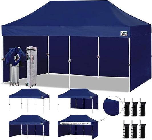 Eurmax USA 10'x20' Pop-up Canopy Tent Commercial Instant Canopies with 4 Removable Zipper End Side Walls and Roller Bag, Bonus 6 SandBags(Navy Blue)