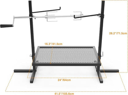 only fire Adjustable Grill Rotisserie System and Spit, Over Fire Camp Grill with Cooking Grate for Outdoor Open Flame Cooking