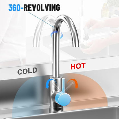 Utility Sink Freestanding Single Bowl Laundry Sink with Hot and Cold Water Plumbing Workbench & Storage Stainless Steel Sink for Kitchen and Bathroom Farmhouse Style, Metallic Gray