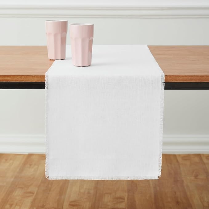 Solino Home White Linen Table Runner 48 Inches - Fringe, 100% Pure Linen Coffee Table Runner 14 x 48 Inch for Winter, Valentines, Spring, Easter