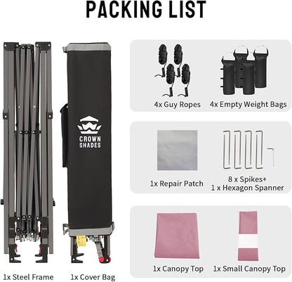 CROWN SHADES 10x10 Pop Up Canopy Tent with Patented Center Lock, Instant Commercial Canopy with Extendable Awning, 150D Silver Coated Fabric, 4 Weight Bags, Ropes, Stakes & STO ’N Go Wheeled Bag, Pink