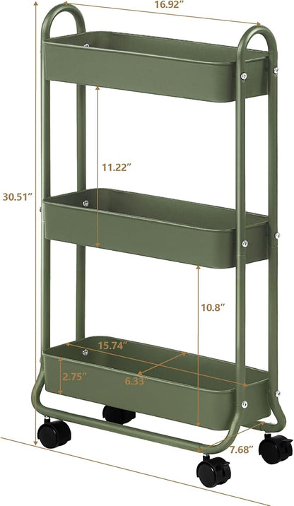 SunnyPoint Slim Rolling Storage Cart, 3 Tier Bathroom Storage Organizer Bathroom, Laundry Utility Cart (Army)