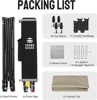 CROWN SHADES 10x10 Pop Up Canopy Tent - Patented Center Lock One Push Instant Outdoor Canopy Beach Tent with STO-N-Go Bag 8 Stakes & 4 Sand Bags，Khaki