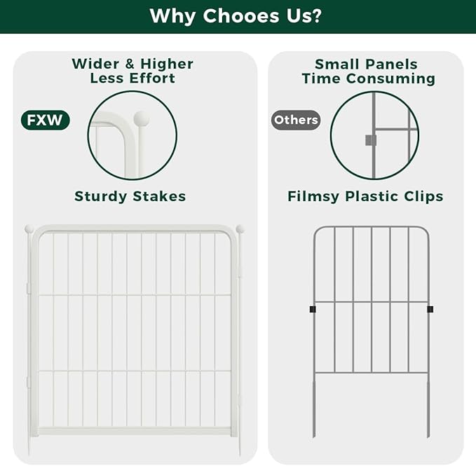 FXW Garden Fence Outdoor for The Yard – 32in(H) x 109.4ft(L) Heavy Duty Metal Animal Barrier for Dog and Rabbit, Decorative Dog Fence, 48 Panels, White