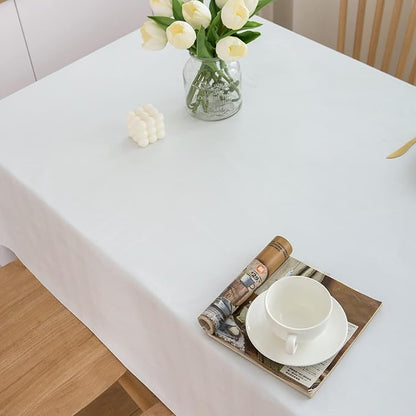 LIBERECOO Vinyl Tablecloth with Flannel Backing, Solid White, Waterproof, Stain-Resistant, Easy-Clean Table Cover for Dining, Kitchen, and Outdoor Use, 60" x 120" Rectangle