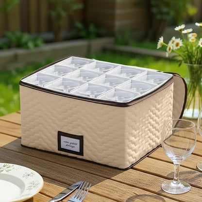 Wine Glass Storage Box with Dividers - Stemware Storage Case, Durable Quilted Microfiber Bin with Carry Handles, Protects Fine China - (2 Pack, Red & White Wine Glass)