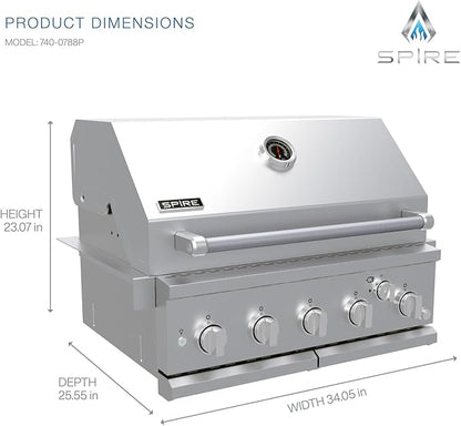 Spire Premium 5 Burner Built In Gas Grill Island Head, Stainless Steel 30 Inch Propane Grill with Rear Burner, 63,000 BTUs, 750 SQ In Racks, Dual Fuel Compatibility - 740-0788P