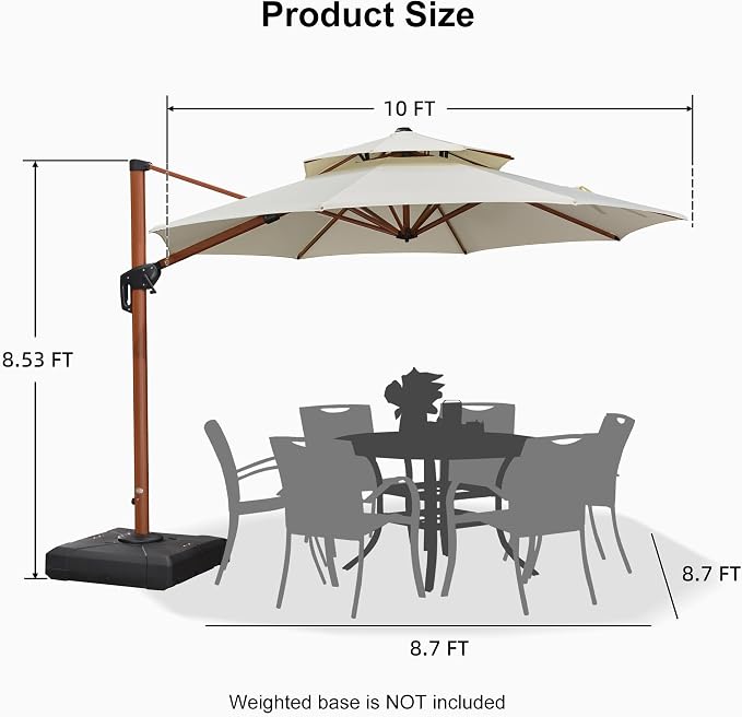 PURPLE LEAF Patio Cantilever Umbrella 10ft Wood-Grain Finish, Cream | Foot - Image 9