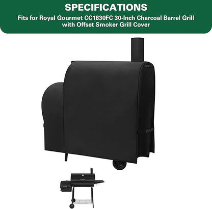 Heavy Duty 600D Grill Cover Fits for Royal Gourmet CC1830FC 30-Inch Charcoal Barrel Grill with Offset Smoker Grill Cover