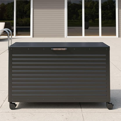 MIRADOR 134 Gallon Outdoor Storage Box Waterproof, Metal Deck Box with wheels for Patio Furniture, Garden Tools, Outdoor Cushion, Charcoal