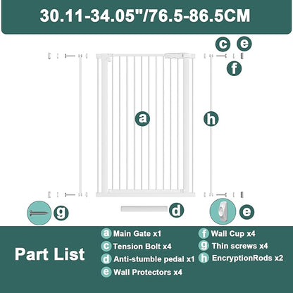 40.55" Tall 1.37" Ultra Narrow Spacing Dogs Pets Baby Gate for Doorway Hallway Safety Proof Indoor 30.11-34.05" Extra Wide Puppy Pressure Mounted No Drill Walk Through White Metal
