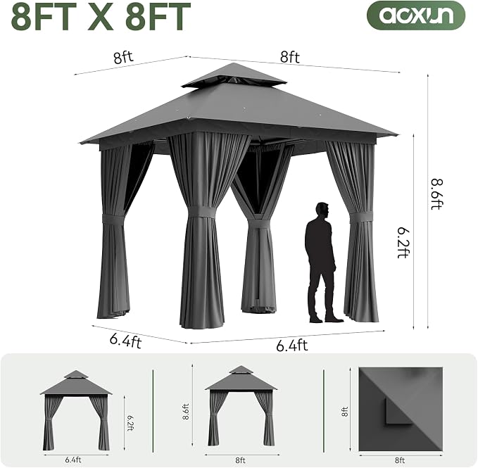 Aoxun 8x8FT Metal Frame Outdoor Gazebo, Dark Gray | UPF50+ Protection 50×50mm - Image 8