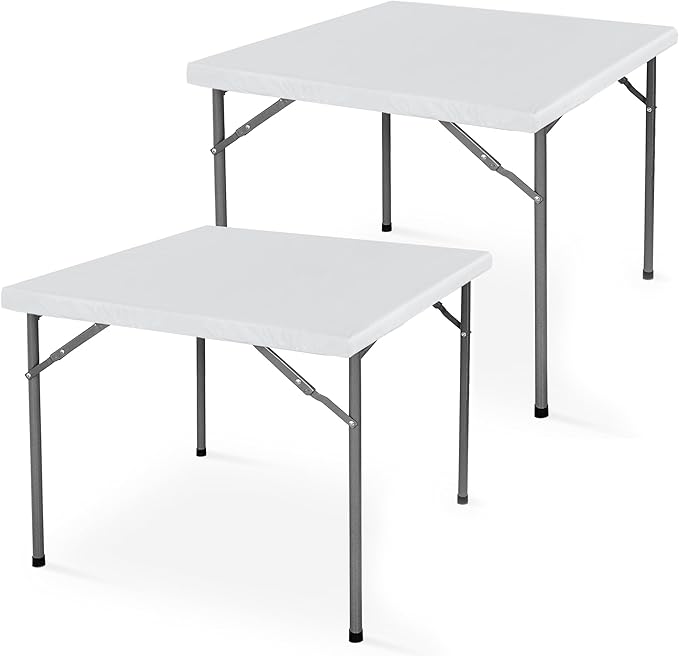 LUSHVIDA 2 Packs Vinyl Card Tablecloth with Flannel Backing 34x34 inch - Waterproof Plastic Picnic Table Cover for Square Folding Table Cloth with Elastic Corners, White