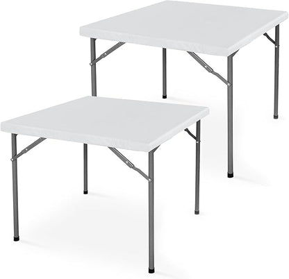 LUSHVIDA 2 Packs Vinyl Card Tablecloth with Flannel Backing 34x34 inch - Waterproof Plastic Picnic Table Cover for Square Folding Table Cloth with Elastic Corners, White