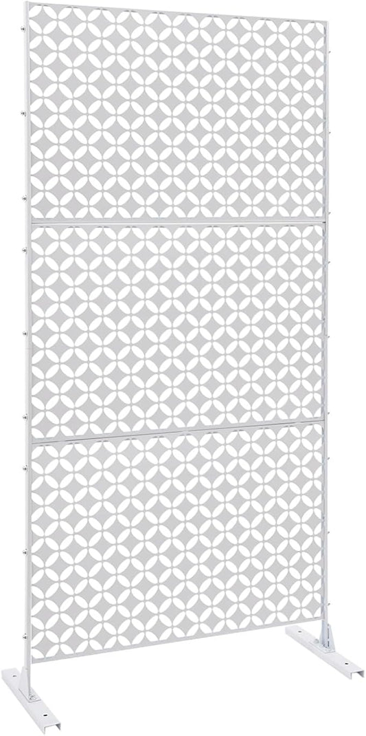 Outdoor Metal Privacy Screen with Stand, 35.4" W x 75" H Freestanding Metal Slatted Decorative Privacy Screen and Panels for Patio Garden Balcony Porch (White Star)