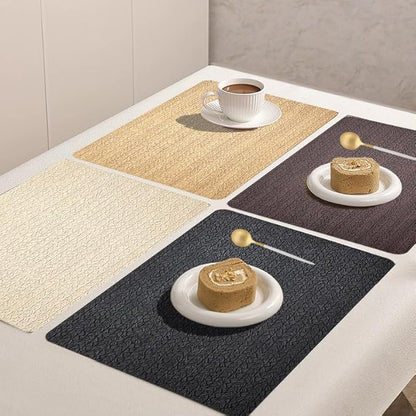 PIGCHCY Waterproof PVC Place Mats Set of 6, Non-Slip Faux Leather Placemats Rattan Pattern Surface Table Mats for Wedding/Birthday Party/Kitchen (18"x12", Black)