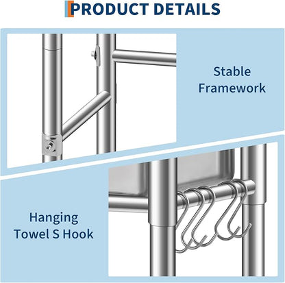 Stainless Steel Utility Sink, Free Standing Single Bowl Kitchen Sink, Adjustable Leg Height, with Faucet, Hot and Cold Water Pipes, Commercial Laundry Tub, Hook for Indoor Outdoor Farmhouse Use