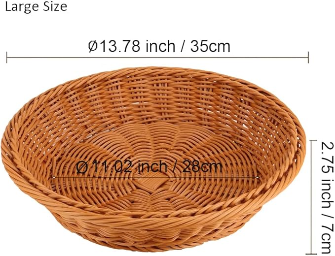RT&BS 2pcs Round Wicker Bread Basket, Christmas Food Baskets, Eco-Friendly Sturdy Stackable Fruit Basket for Kitchen, Store, Restaurant, Party (Brown, L)