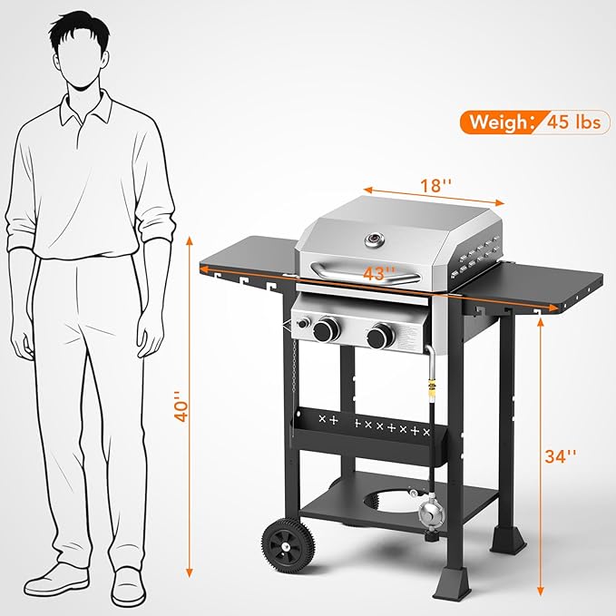 Propane Gas BBQ Grill 2-Burner Barbecue Grills with Cast Iron Frying Pan and Grates Combo, 16000 BTU Output Stainless Steel Grill for Outdoor Cooking, Patio, Backyard Party