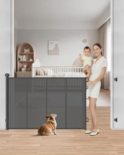 Retractable Baby Gate, 55" Wide Mesh Gate with 4 Reinforced Rods, Prevents Kids & Dogs from Crawling Under, 34" Tall Easy-to-Use Pet Gate for Stairs, Bedrooms, Hallways, Indoor/Outdoor, Gray