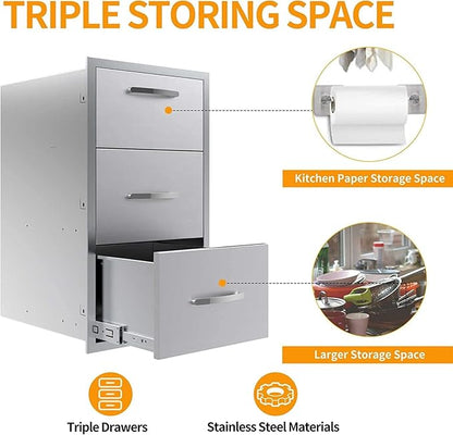 Outdoor Kitchen Drawers, Flush Mount Triple Access BBQ Drawers With Stainless Steel Handle, BBQ Island For BBQ Island Patio Grill Station,Three Drawers