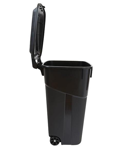 32 Gallon Heavy Duty Wheeled Plastic Garbage Can with Attached Lid and Easy Grip Handle – Bottom Hand Groove, Rugged Wheels, Indoor Outdoor Trash Can for Home, Kitchen, Yard, Patio (2)