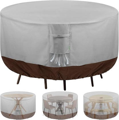 Round Patio Furniture Covers, 72" DIA x 28 H Waterproof Outdoor Furniture Cover for Patio Table & Chair Sets, 600D Heavy-duty UV-Resistant Fade-Proof Protection, Grey & Brown