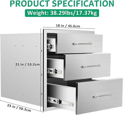 Outdoor Kitchen Drawers 18" W x 21" H x 23" D Stainless Steel Triple Drawers with Ergonomic Handle for BBQ Island, Patio Grill Station & Outdoor Kitchen Cabinets