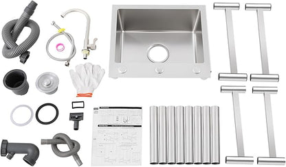 Free Standing Single Bowl Kitchen Sink Commercial, Outdoor Utility Sink Stainless Steel with Water Pipe Faucet Small Portable Sink Hand Wash Station for Garage Garden Backyard (18X16X30in)