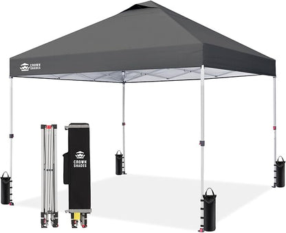 CROWN SHADES 12x12 Pop Up Canopy - Beach Tent with One Push Setup - Easy Outdoor Sun Shade Shelter for Events, Parties - Gazebo with STO-N-Go Cover Bag, Silver Coated Top, Grid Grey