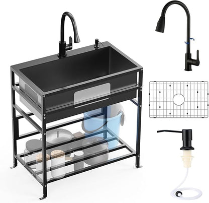 Black 30x18 Inch Freestanding Utility Sink-Stainless Steel Laundry Sink Practicality With Accessories Black Stainless Faucet,Soap Dispenser, SS Sink Grid For Laundry,Garage,Outdoor Kitchen,Garden...