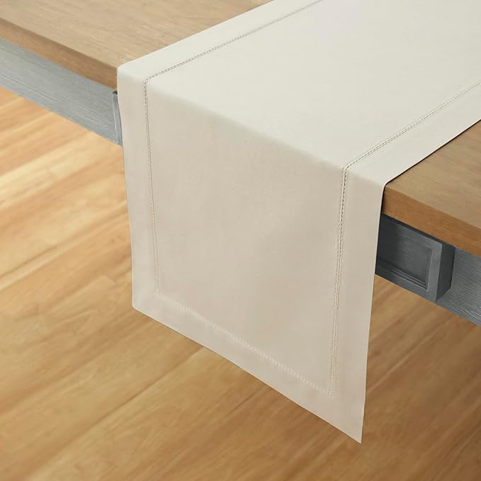 Solino Home Linen Hemstitch Table Runner 60 Inches - Cotton Linen Small Table Runner 14 x 60 Inch Ideal for Dresser and Coffee Tables - Spring, Easter