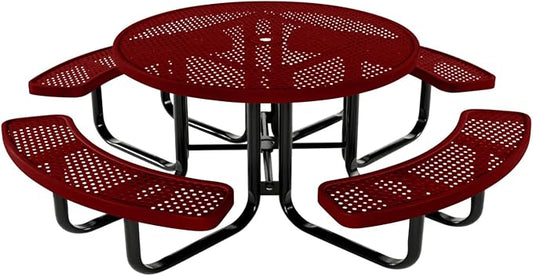 COATEDOUTDOORFURNITURE Heavy-Duty Portable Outdoor Kids Table with Umbrella Hole, Punched Steel Kids Picnic Table, Commercial-Grade, Made in America (46 in, Round, Childrens, Textured Burgundy)