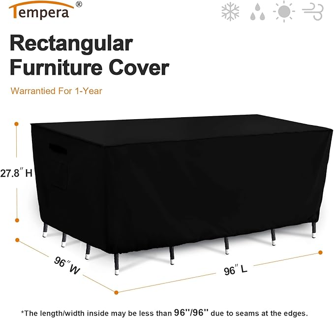 Tempera Patio Furniture Covers,Outdoor Table And Chair Covers Waterproof, Outdoor Dining Set Cover,Heavy Duty Rectangle Patio Furniture Cover,96''L x 96''W x 27.8''H,Black