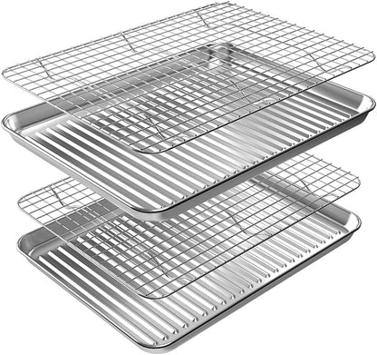 Quarter Baking Sheet Pan Cooling Rack Set, Stainless Steel 2 Pans + 2 Racks by Rottay