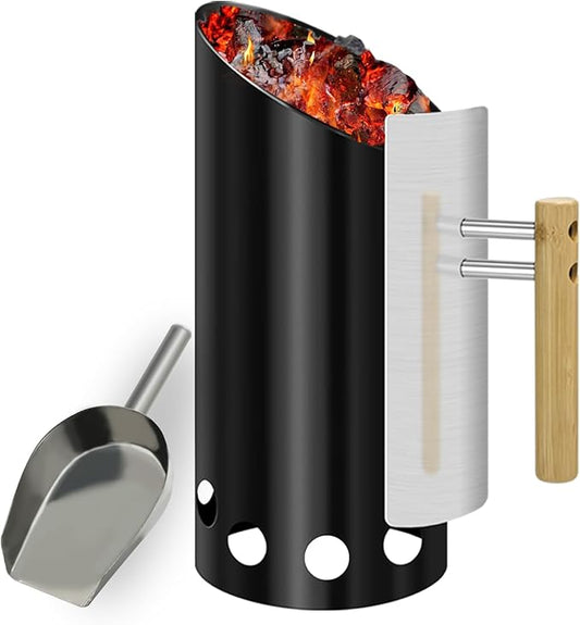 Charcoal Chimney Starter with 11" Briquet Shovel Set, Double Enameled Large Capacity Chimney Starter for Charcoal Grill with Heat Shield & Wood Handle Great Heat Insulation and Easy Grip