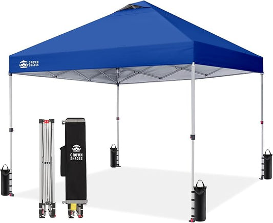 CROWN SHADES 10x10 Pop Up Canopy - Beach Tent with One Push Setup - Easy Outdoor Sun Shade for Events, Parties, Camping - Gazebo with STO-N-Go Cover Bag, Silver Coated Top, Navy Blue