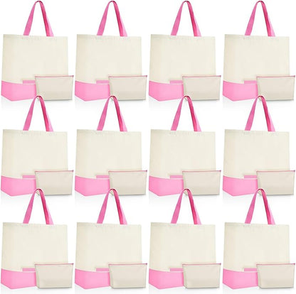 Sanwuta 24 Pcs Canvas Tote Bags Bulk with Zipper Cosmetic Bags 18.5" Cotton Canvas Bag with Handles Reusable Shopping Bags