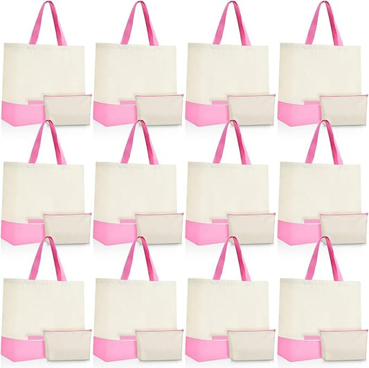 Sanwuta 24 Pcs Canvas Tote Bags Bulk with Zipper Cosmetic Bags 18.5" Cotton Canvas Bag with Handles Reusable Shopping Bags