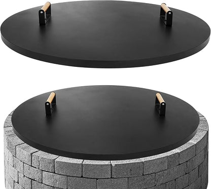 G GOOD GAIN Firepit Lid Round 34inch - Rust Resistant Fire Pit Lid Cover with Wooden Handle & Gloves, Fire Pit Snuffer Lid for Courtyards, Patio, Winter Cold Protection. Fits Fire Pits Up to 32‘’