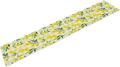 Yellow Plaid Lemon Table Runner Nature Watercolor Plant Countryside Farm Fruit Aesthetic Dining Table Decoration for Home Holiday Party Dresser Kitchen Cabin Restaurant Wedding Decor 13×108in